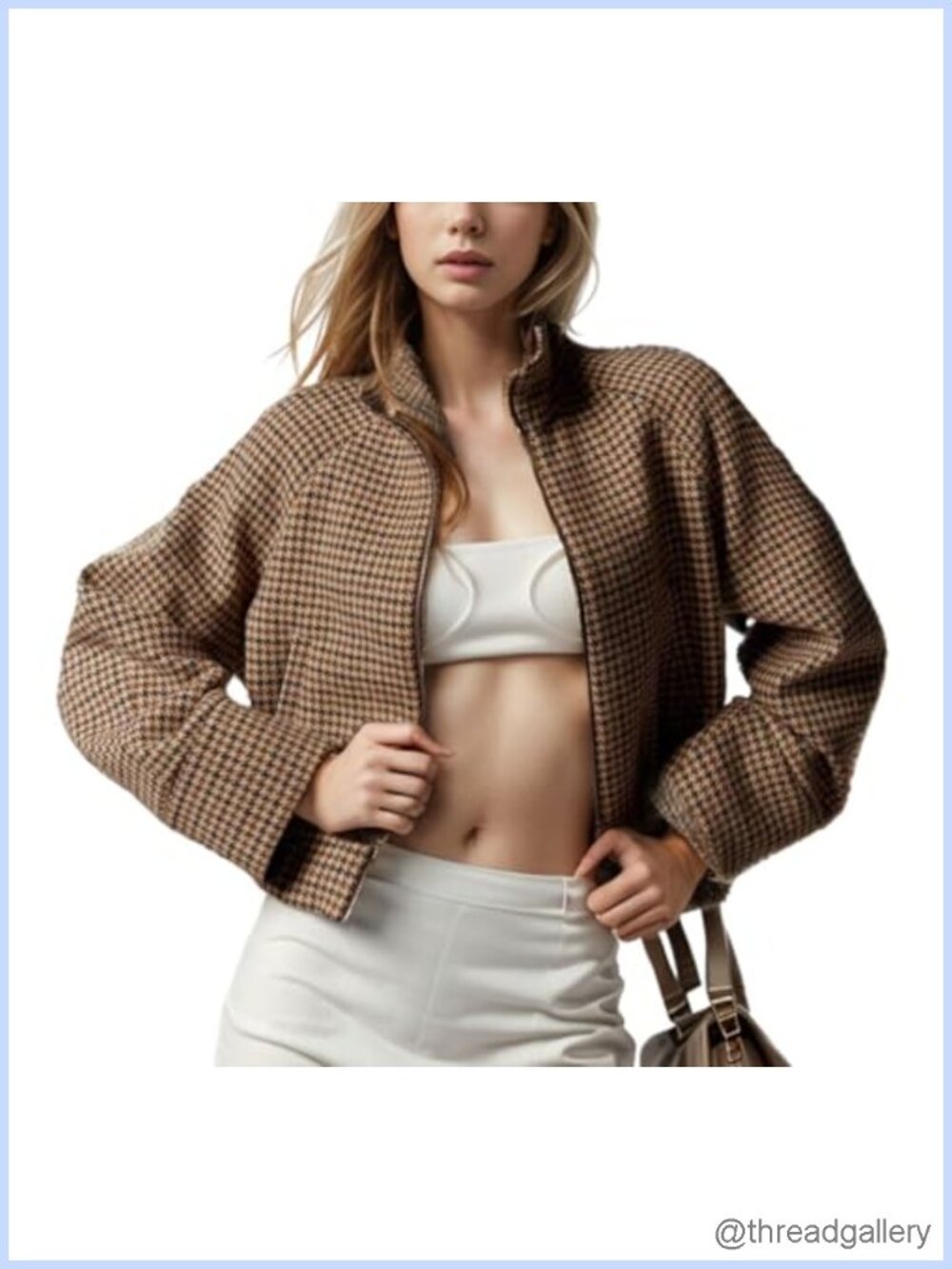 Cropped Wool Blend Houndstooth Plaid Peacoat Zip Bomber Jacket